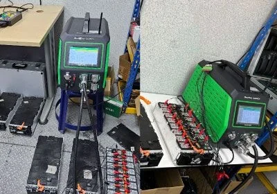Lithium battery modules under test with battery analysis equipment