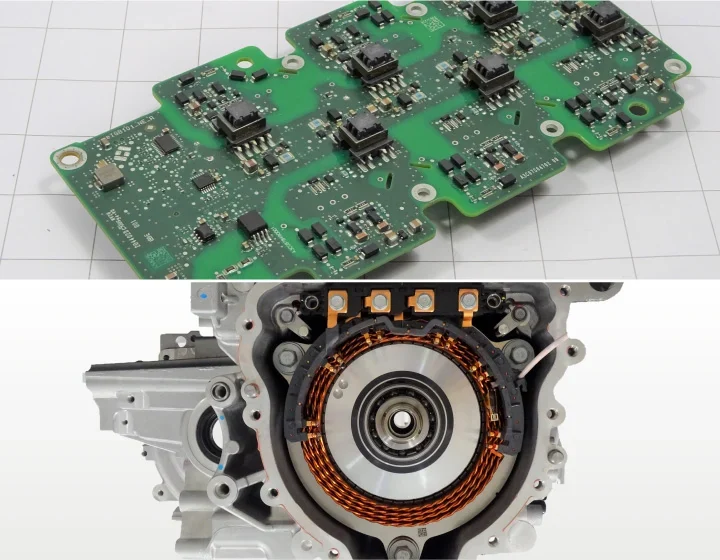 Electric vehicle power electronics boards and a motor stator assembly