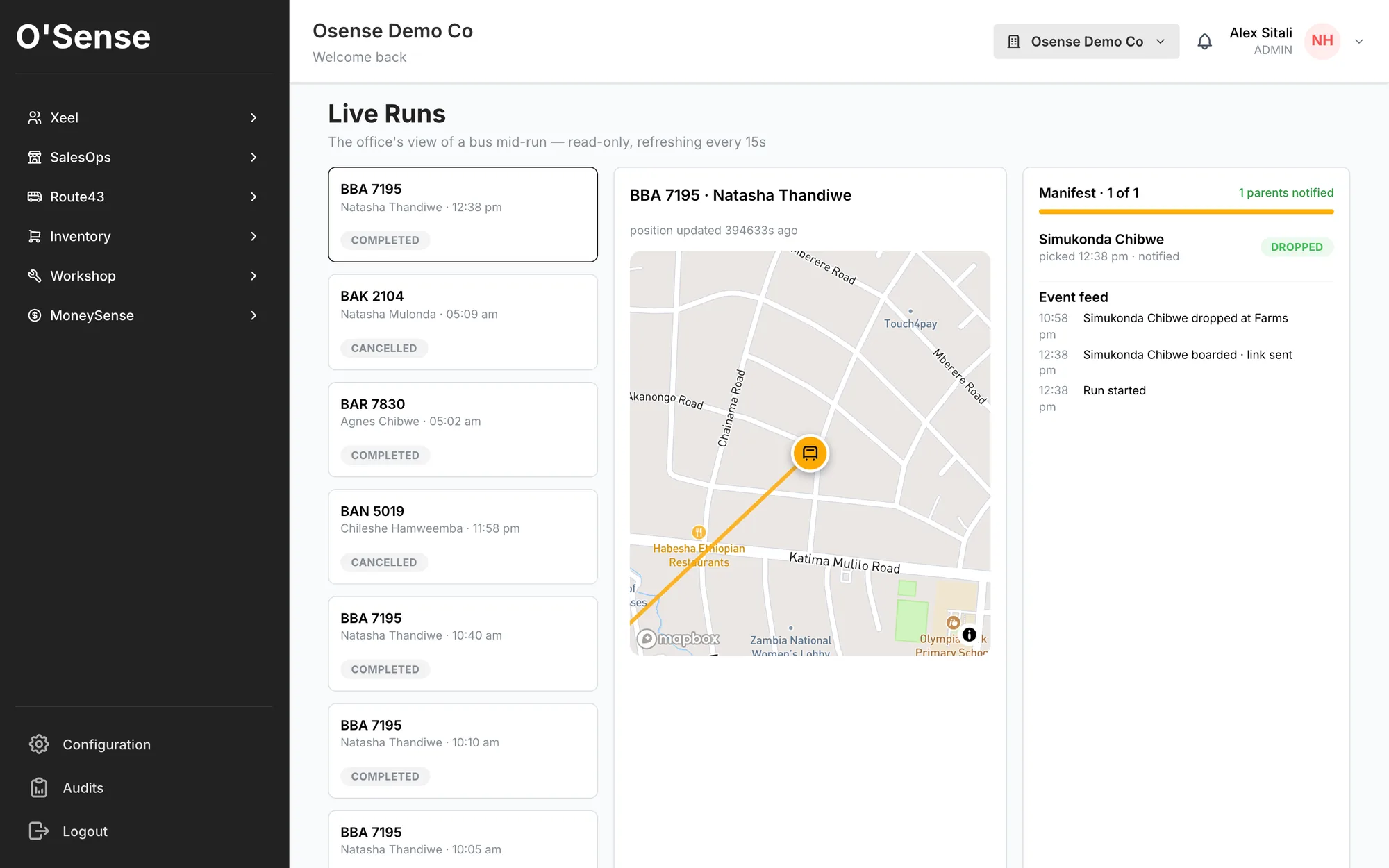 Route43 live school-transport dashboard