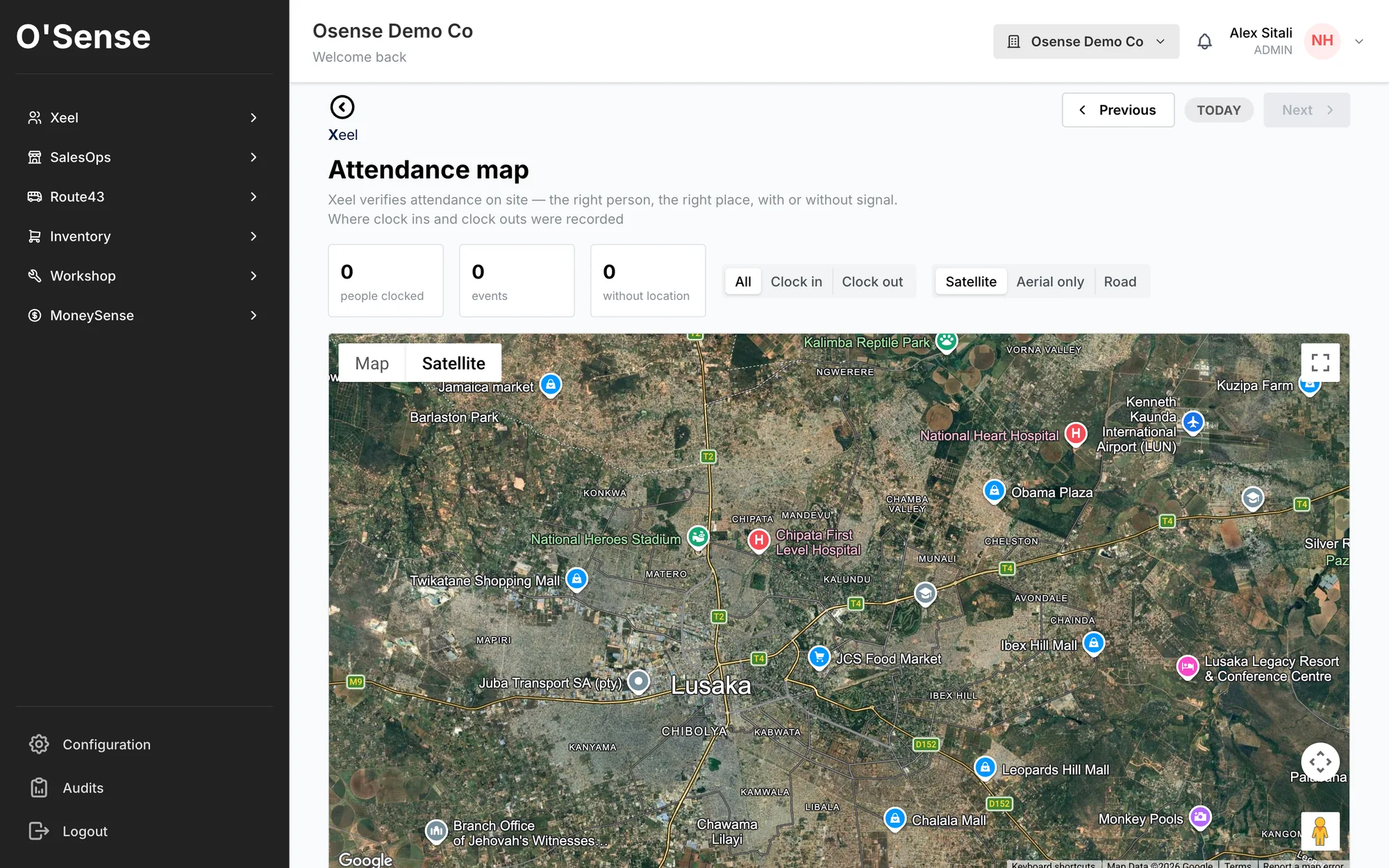 Xeel attendance map with GPS clock-ins