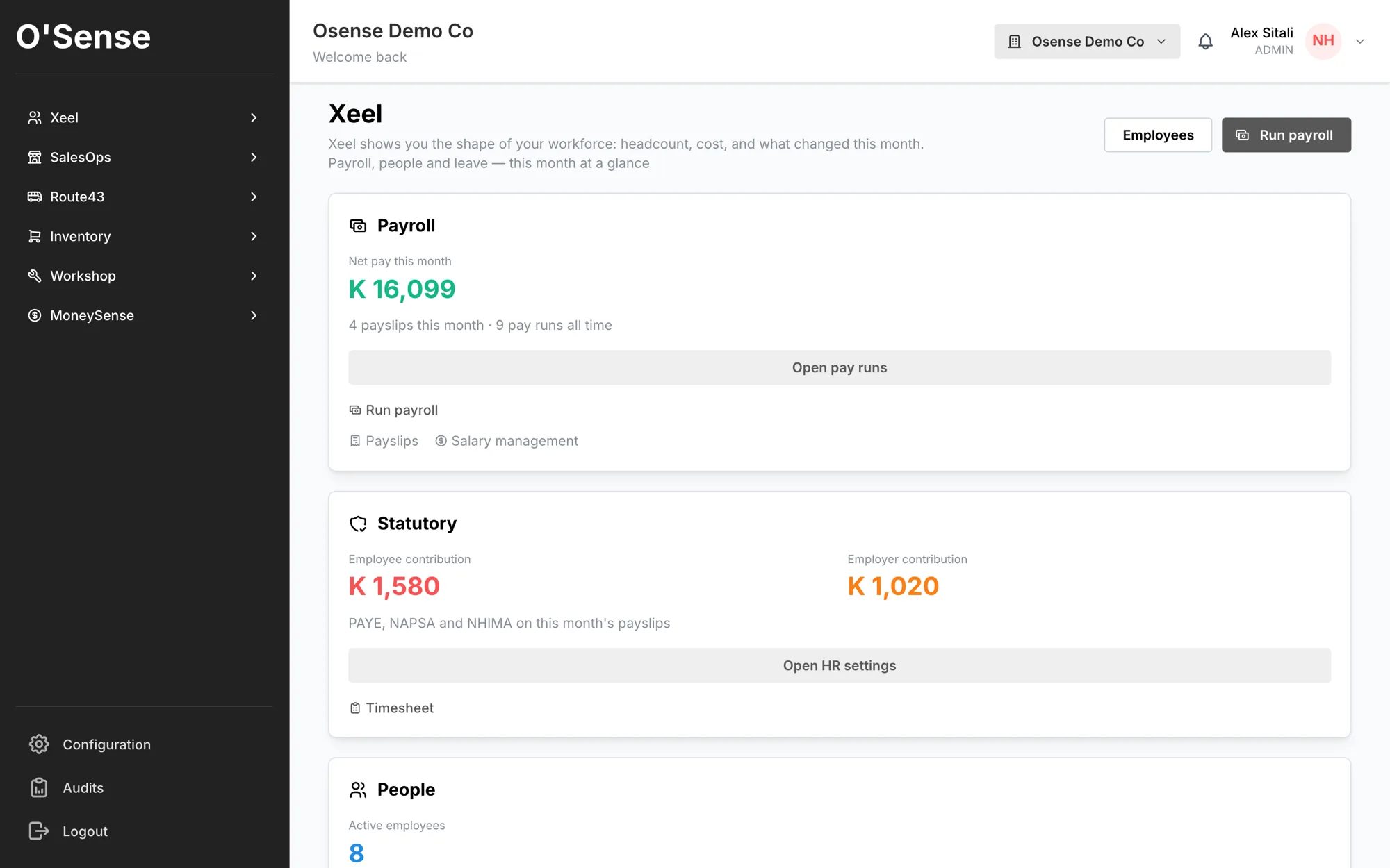 Xeel people and payroll overview in O'Sense