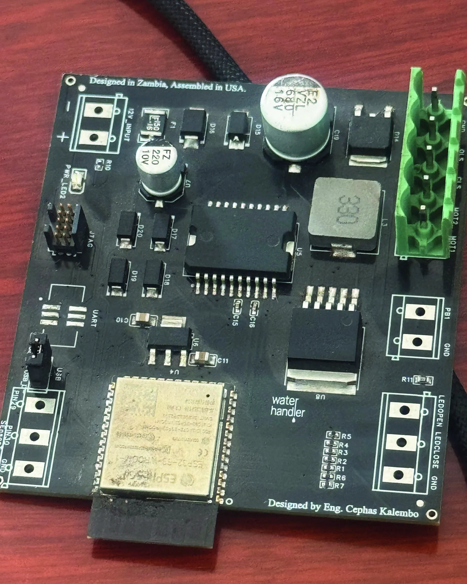 WaterHandler control board, full view — Designed in Zambia, Assembled in USA
